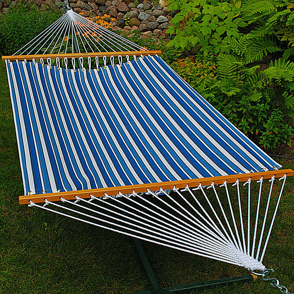 Blue Striped 11' Reversible Sunbrella Quilted Hammock hanging