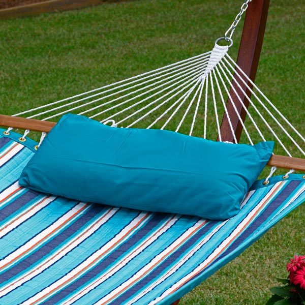 Teal Pillow detail for 11 foot Reversible Sunbrella Quilted Hammock