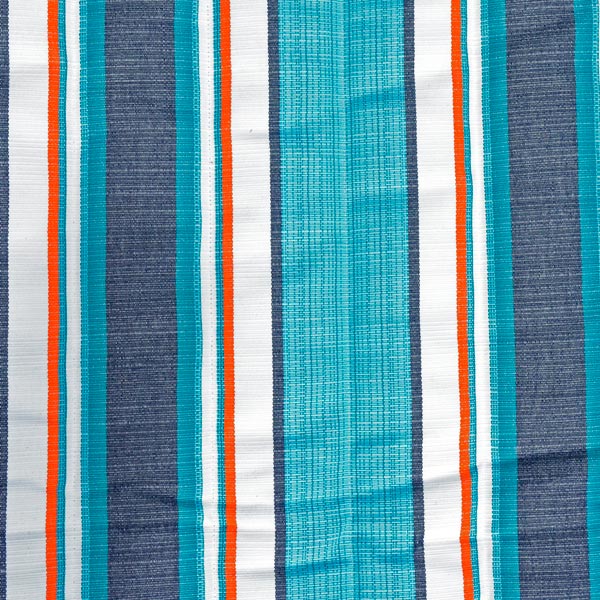 blue, teal, white and orange striped fabric
