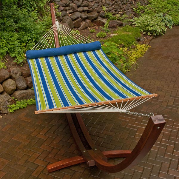 Lime Green and Blue 13' Quilted Hammock with Matching Pillow on Patio