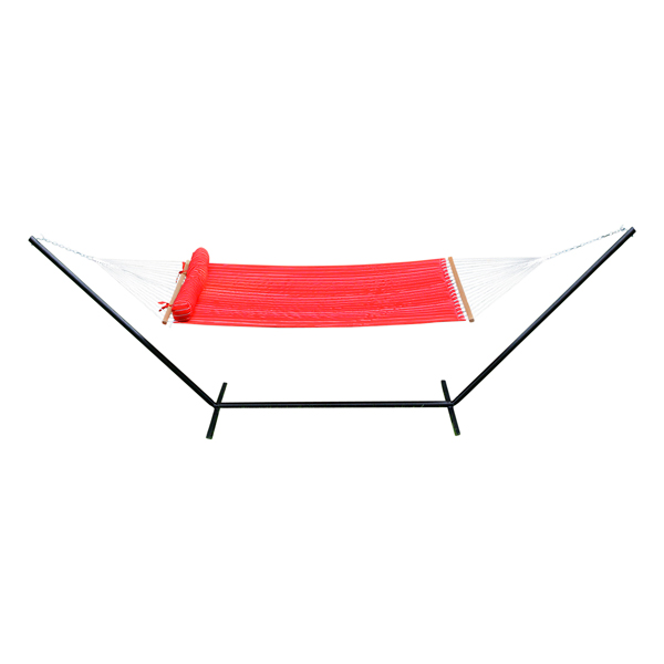 Red Striped 13 foot Quilted Hammock with Matching Pillow on on stand