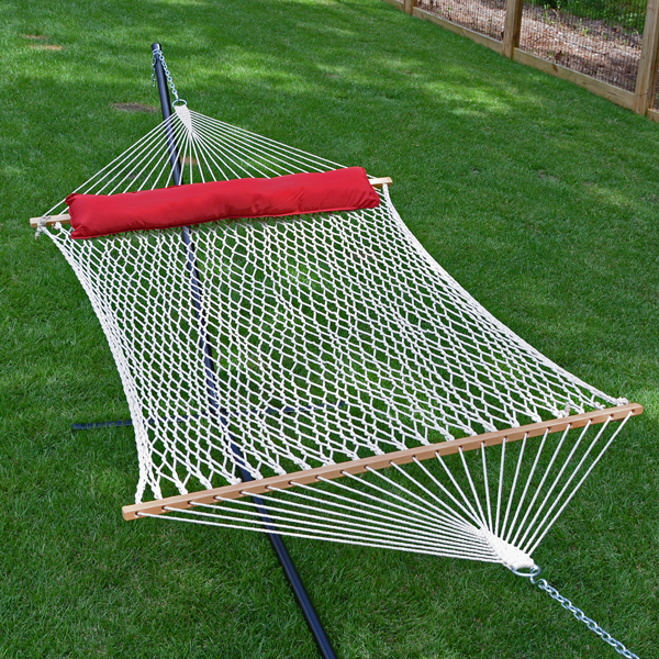 13' Cotton Rope Hammock and Red Pillow on grass