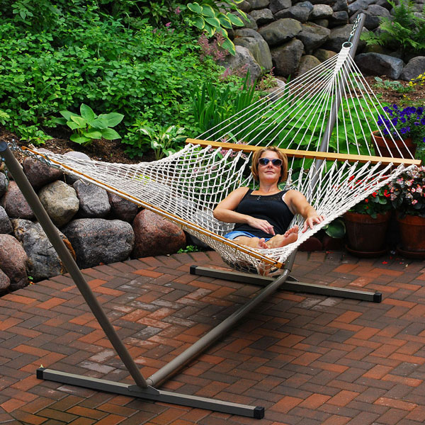 13 foot cotton rope hammock with women relaxing