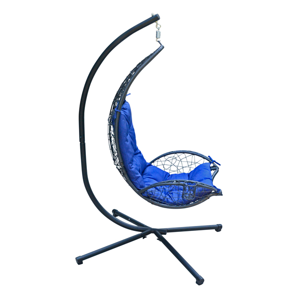 Blue Cushioned Rattan Wicker-Hanging Chair with Stand Side