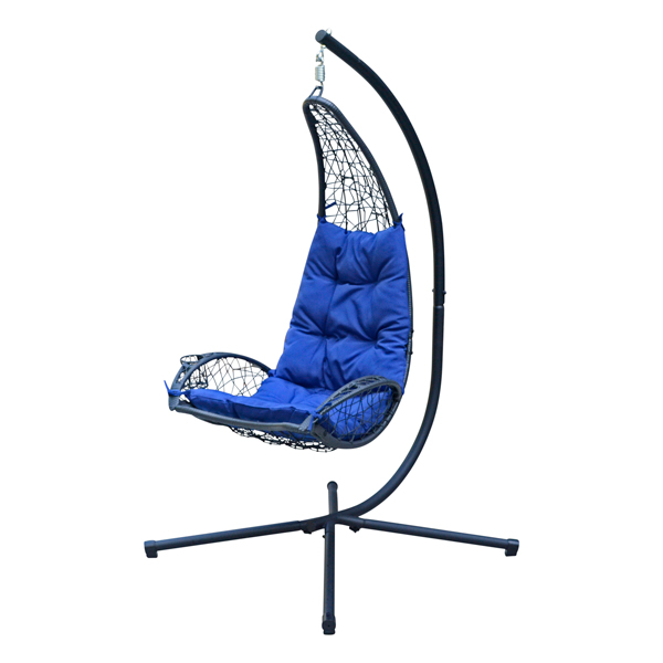 Blue Cushioned Rattan Wicker-Hanging Chair with Stand