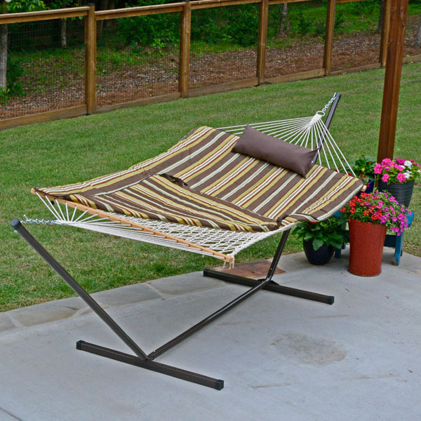 Cotton Rope Hammock, Stand, Pad and Pillow Combination on Patio