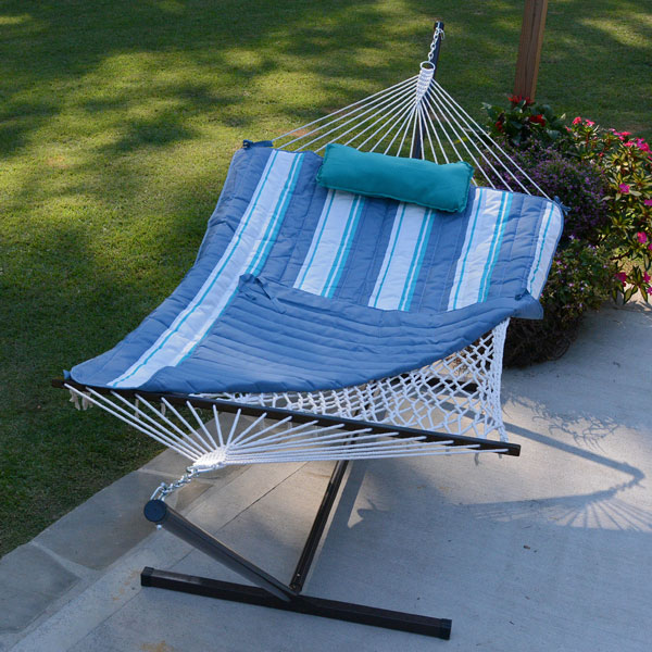 Cotton Rope Hammock, Stand, Pad and Pillow Combination on Patio