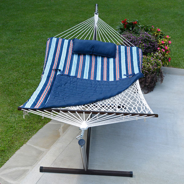 Blue Cotton Rope Hammock, Stand, Pad and Pillow Combination on Patio