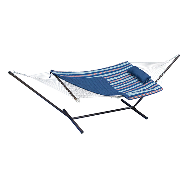 Blue Cotton Rope Hammock, Stand, Pad and Pillow Combination Side
