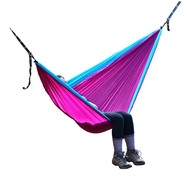 Bright Purple and Blue GO2 Traveler Nylon Hammock with Women Relaxing