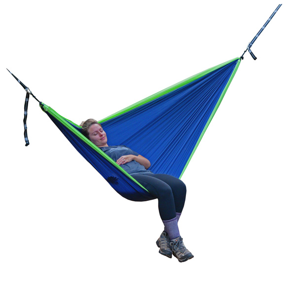 Women Relaxing on Lime Green and Blue Hammock