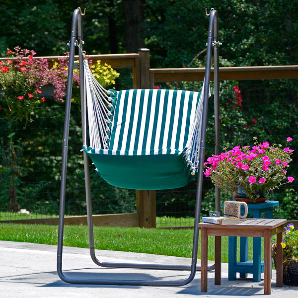 Sunbrella Soft Comfort Swing Chair With Stand on Patio
