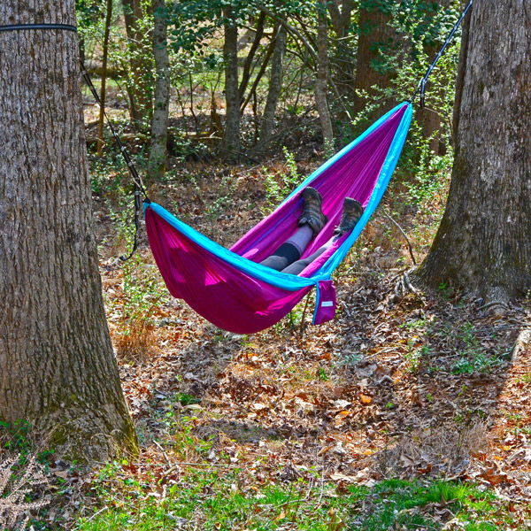 Person Laying in Magenta Camping Hammock in Woods