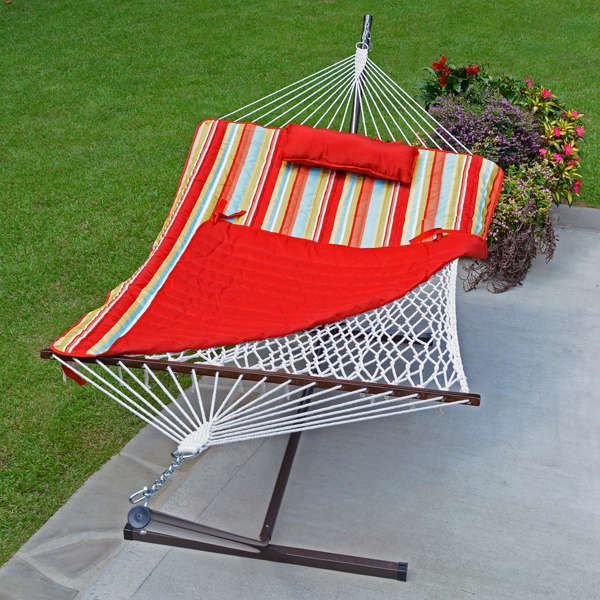 Red Stripe Hammock and stand combination on patio
